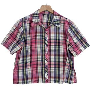 SOUTHERN LADY Plaid Crop Button Down Short Sleeve Top Pink White 14.